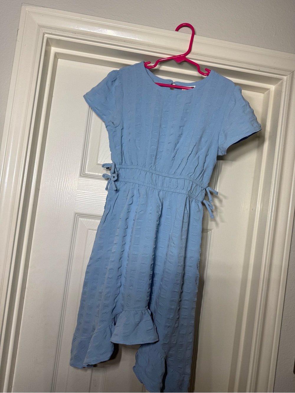 Self Esteem Sky Blue Short Sleeve Textured Ruffle-Hem Dress